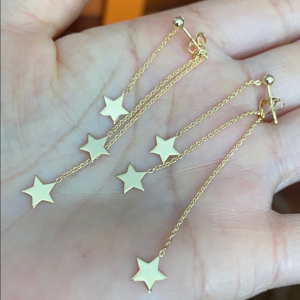 14K Solid Gold Triple Strand Dangle Stars Earrings - Picture 1 of 6